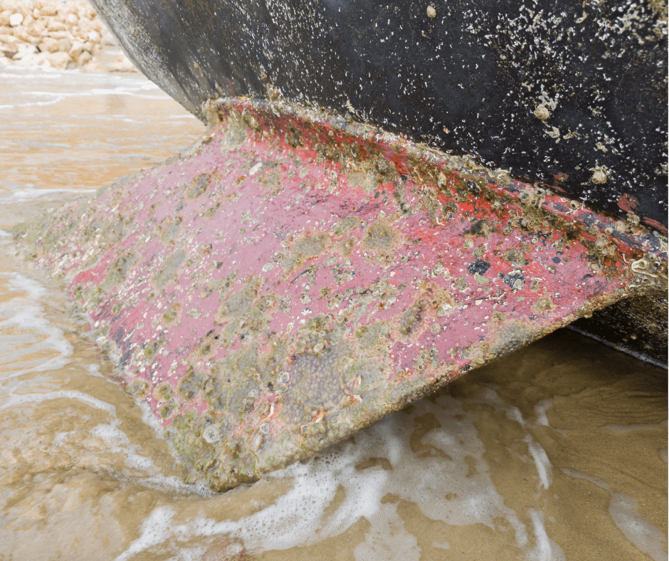 red marine boat kiel affected by corrosion
